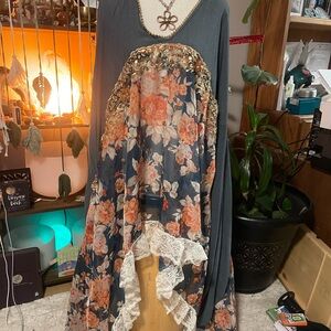 Upcycled Bohemian Floral Poncho Style Embellished Women's Top